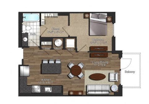 Floor plan for 1 bed, 1 bath, 693 sqft